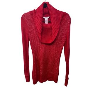 Y2K Candies Red Sparkle Knit Cowl Neck Tunic Sweater Bodycon Glam Women M